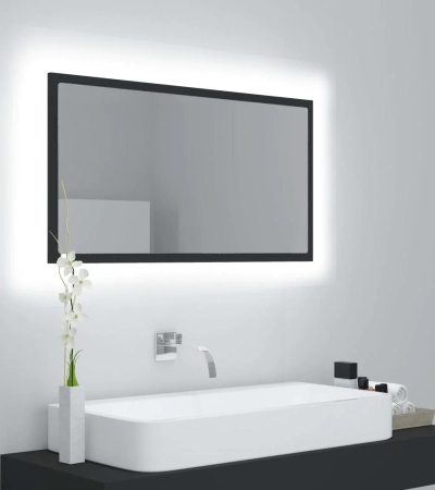 Oglindă de baie cu LED, gri, 90x8,5x37 cm, lemn prelucrat