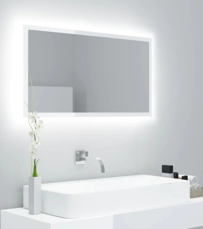 Oglindă de baie cu LED, alb extralucios, 90x8,5x37 cm