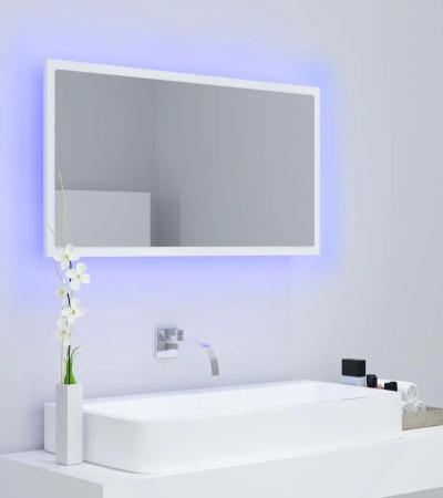 Oglindă de baie cu LED, alb, 90x8,5x37 cm, lemn prelucrat