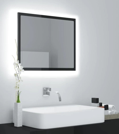 Oglindă de baie cu LED, negru extralucios, 60x8,5x37 cm