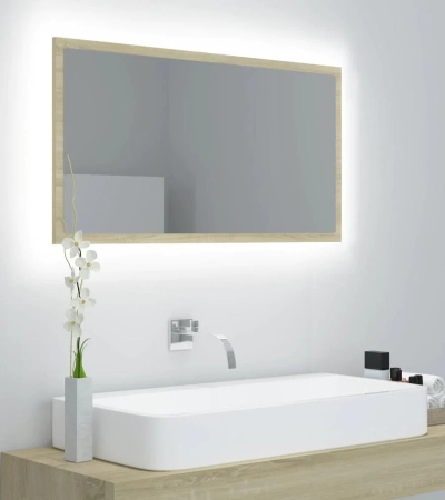 Oglindă de baie cu LED, stejar sonoma, 90x8,5x37 cm
