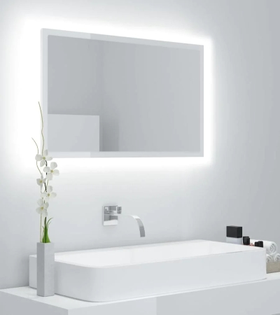 Oglindă de baie cu LED, alb extralucios, 80x8,5x37 cm