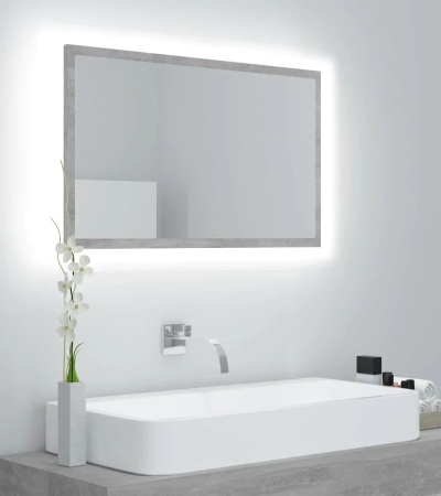 Oglindă de baie cu LED, gri beton, 80x8,5x37 cm, lemn prelucrat