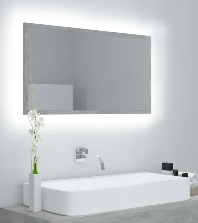 Oglindă de baie cu LED, gri beton, 90x8,5x37 cm, lemn prelucrat