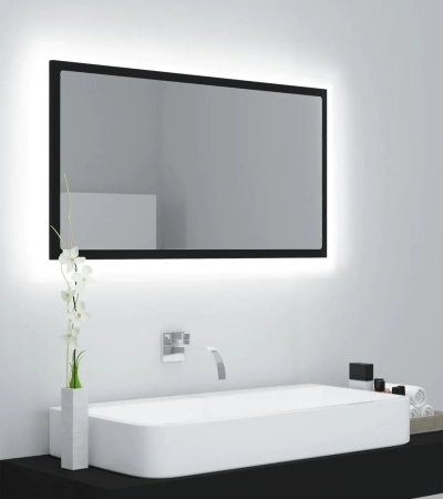 Oglindă de baie cu LED, negru, 90x8,5x37 cm, lemn prelucrat